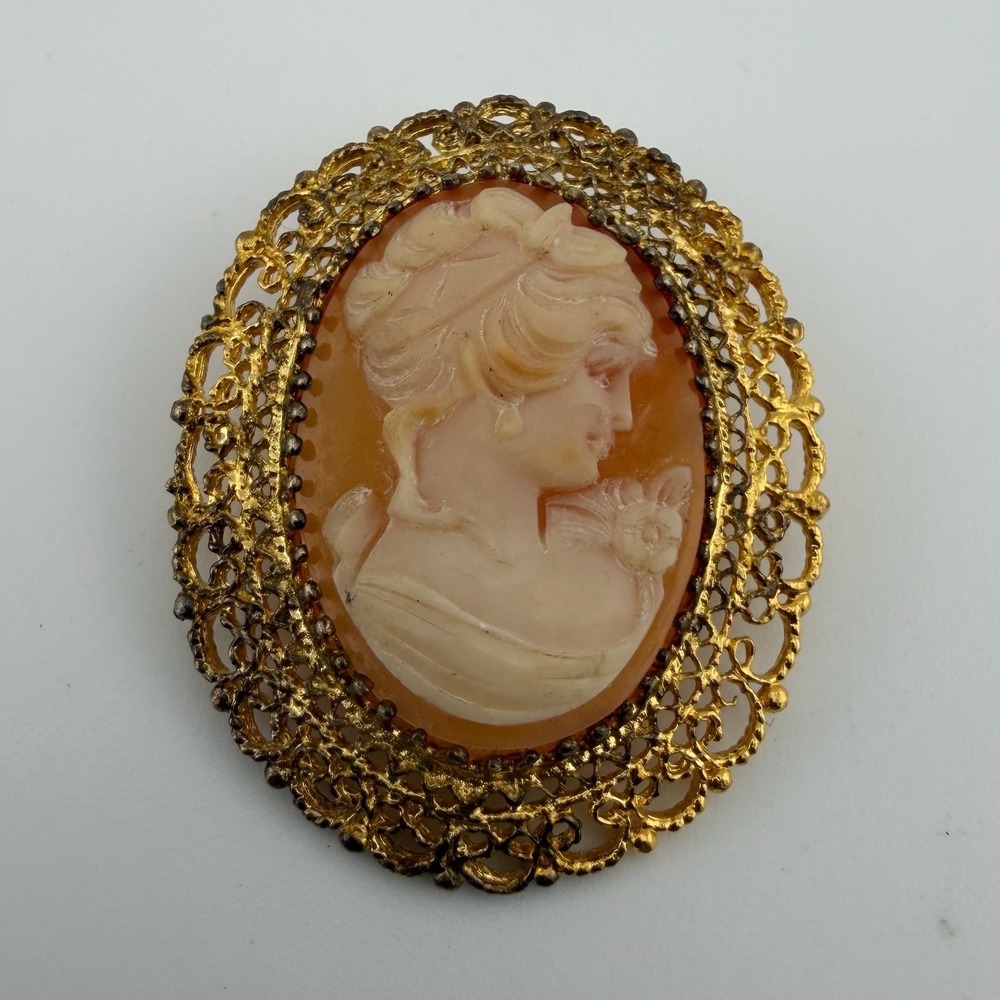 K.L. Karen Lynne Sterling Silver Gold Wash Shell Cameo Brooch Pendant Vintage